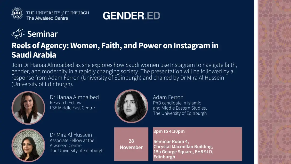 Poster for the event. It includes a description of the event, when it is happening, and a photo of each speaker at the event. The photos are in a circular frame. At the right side of the poster, there is photo of tiles/mosaics. The logo of the Alwaleed Centre and GENDER.ED are featured at the top of the poster.