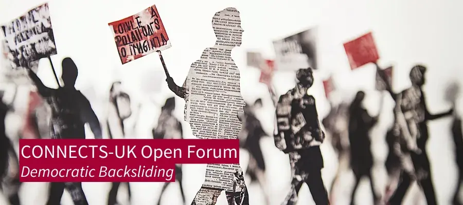 cut-out silhouettes of people made from newspaper holding protest signs with event title overlaid