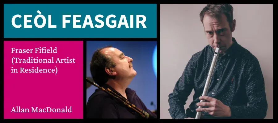 a series of blocks, one with an image of Fraser playing the pipe, one with Allan and his pipes, and two others with event title and performer info inside