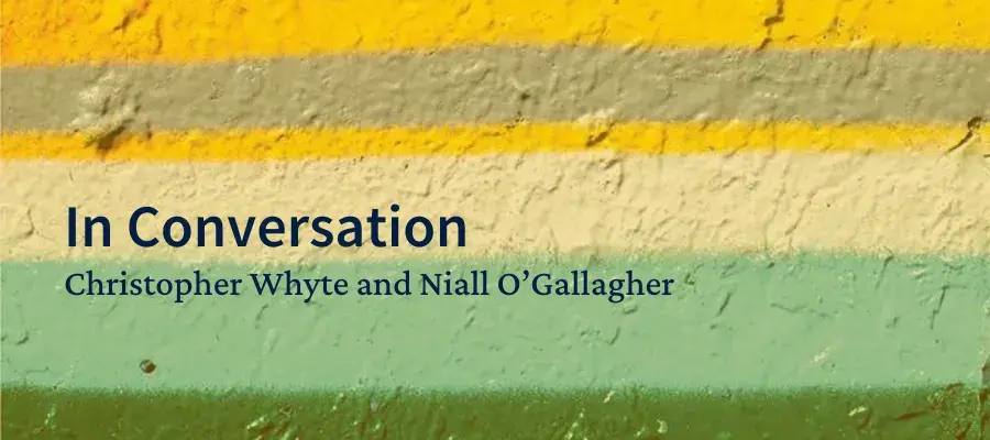 a painted background of yellow, silver, white, blue and green stripes with event title overlaid