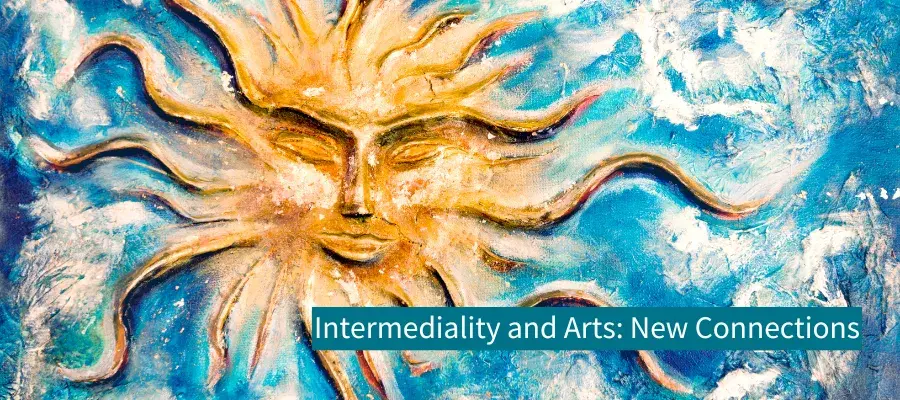 a mixed media painting of a yellow sun on a blue background and event title overlaid