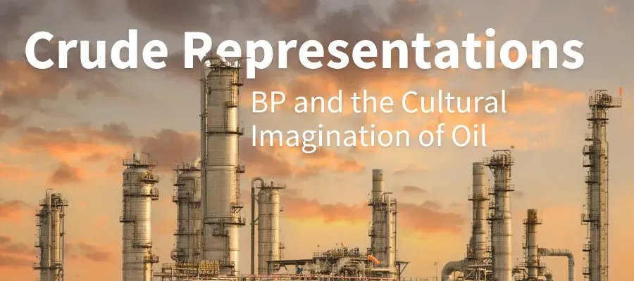 pipes from an oil factory at sunset, with event title overlaid