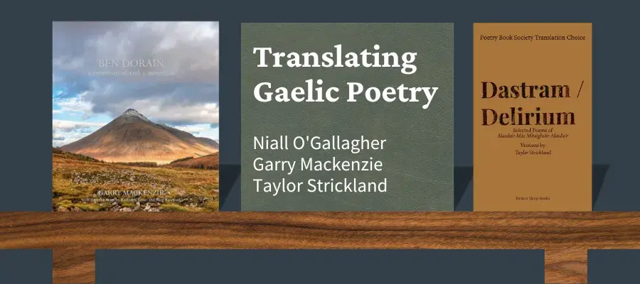 a graphic of a bookshelf with three books on top - one being Garry Mackenzie's, the middle containing event title, the last being Taylor Strickland's