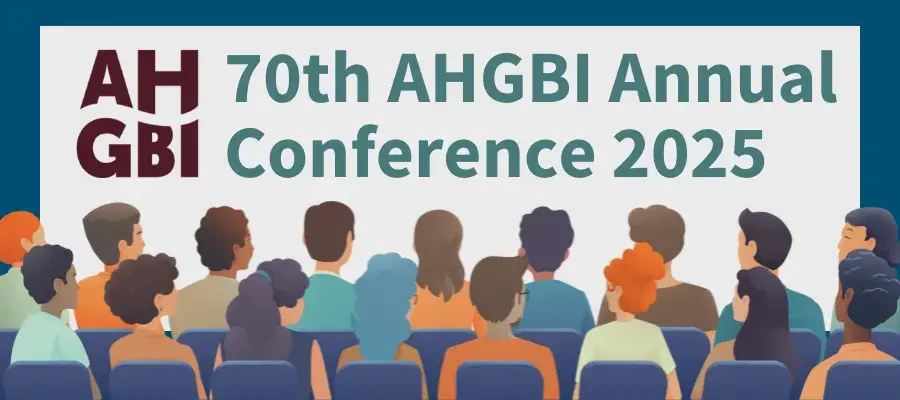 a cartoon of people sitting in rows looking at a screen. The screens has the AHGBI logo and event title displayed.