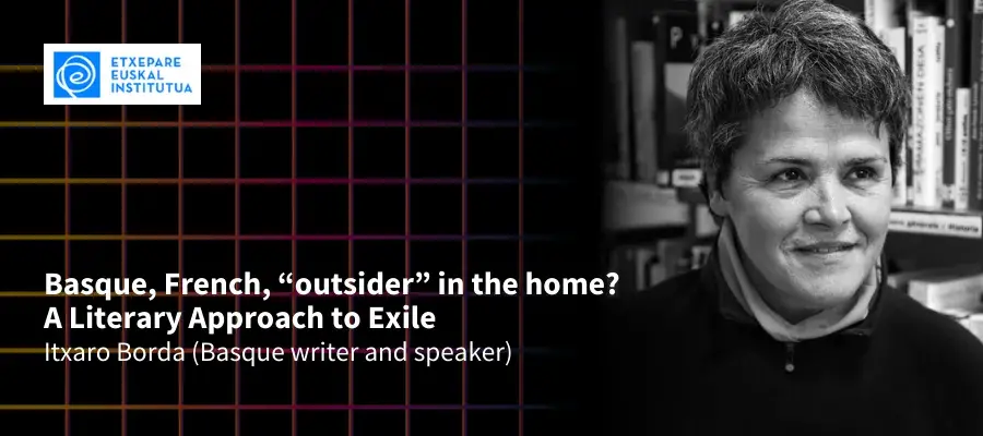 a black background with a matrix of squares overlaid. To the right is a photo of Itxaro Borda smiling in front of a bookshelf. Event title is to the left.