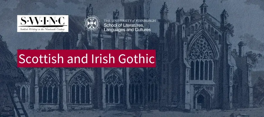 a black and white illustration of Melrose Abbey; event title overlaid