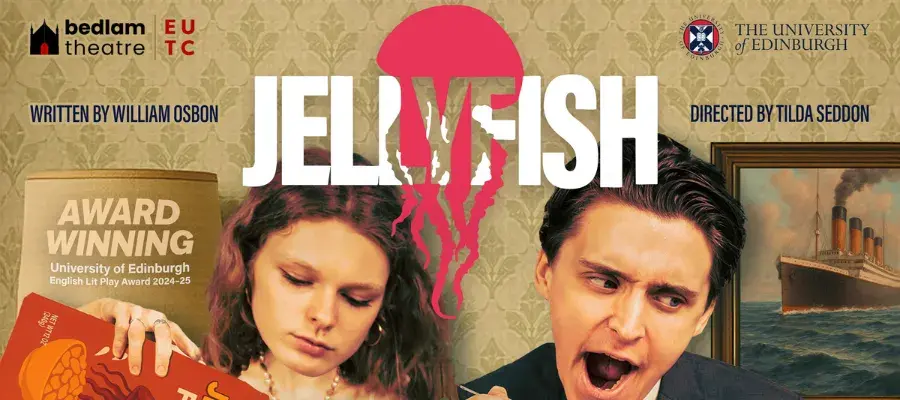 An exaggerated photo of two people in a wallpapered room, one looking down and one yawning. 'Jellyfish' is overlaid
