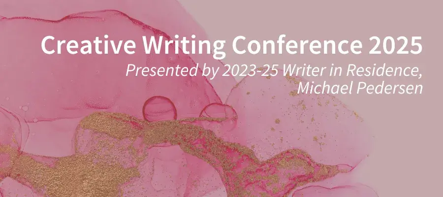A background of swirling pink paint and glitter with event title overlaid
