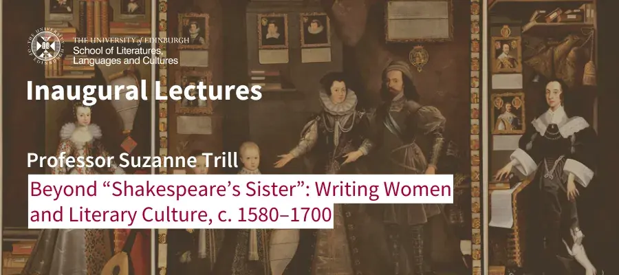 a sepia-tinted version of The Great Picture, a triptych showing Anne Clifford's life, painted by Jan van Belcamp. Event info overlaid
