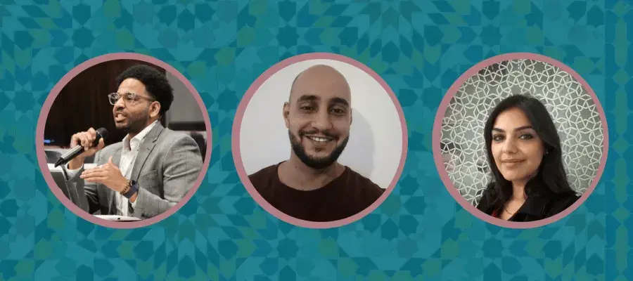 Photo of Hamid Khalafallah, Mat Nashed, and Dr Mira Al Hussein in circular frames. In the background, there is a photo of tiles/mosaics. 