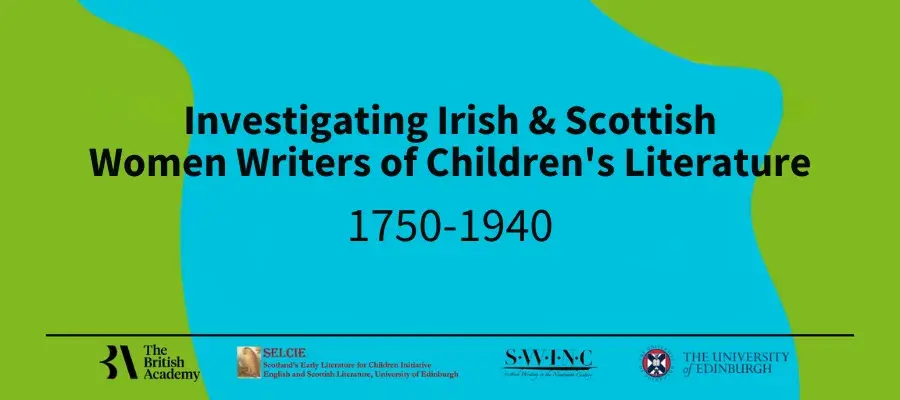 a blue background with green splodges on each side; event title overlaid