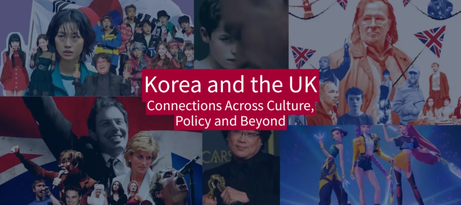 a collage background of images of cultural touchstones of recent UK and Korean media, eg. the TV show Adolescence, the film KPop Demon Hunters, and various celebrity figures