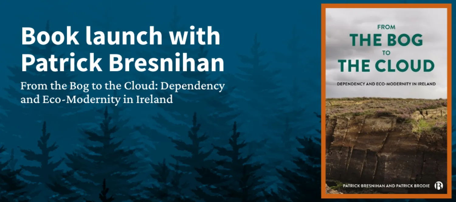 a blue background with faint, dark silhouettes of trees overlaid. Book cover of 'From the Bog to the Cloud' sits on right hand side, with event title on left