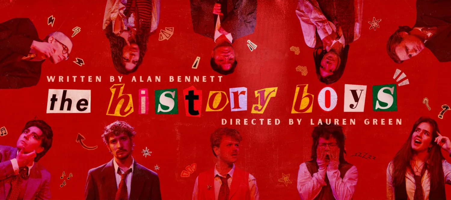 a collage of the play's characters line the border of the banner, with a variety of expressions. Event title overlaid