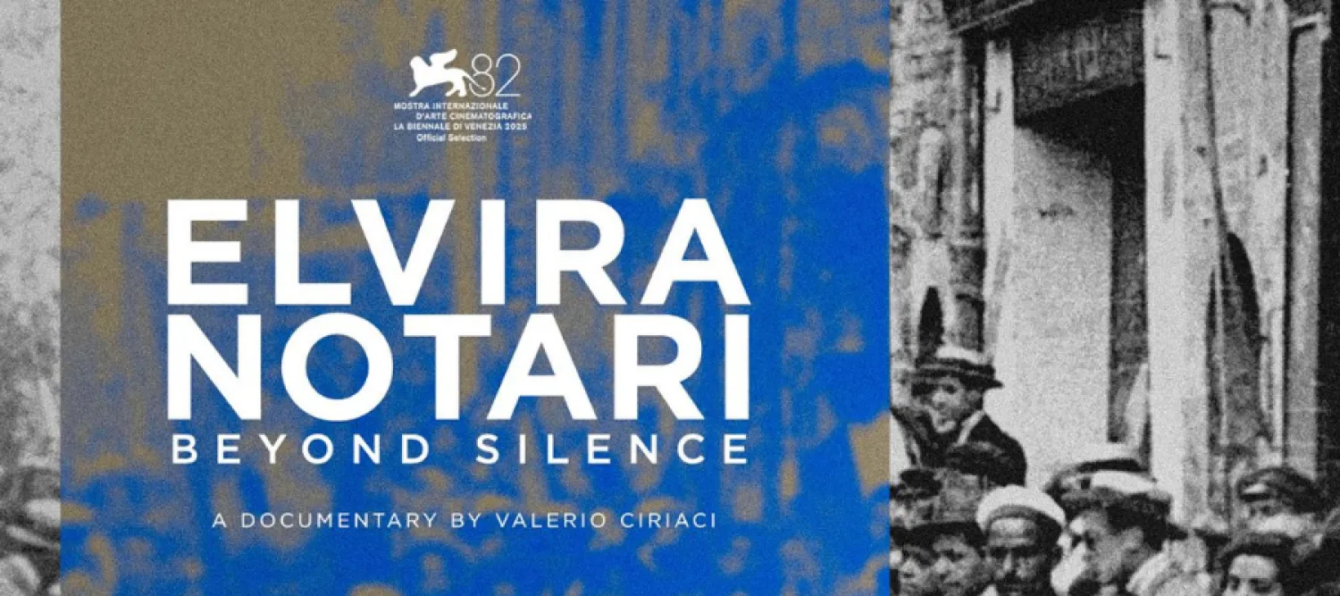 a black and white photo of a crowd. Overlaid is a blue and yellow tinge banner running vertical, with film title overlaid