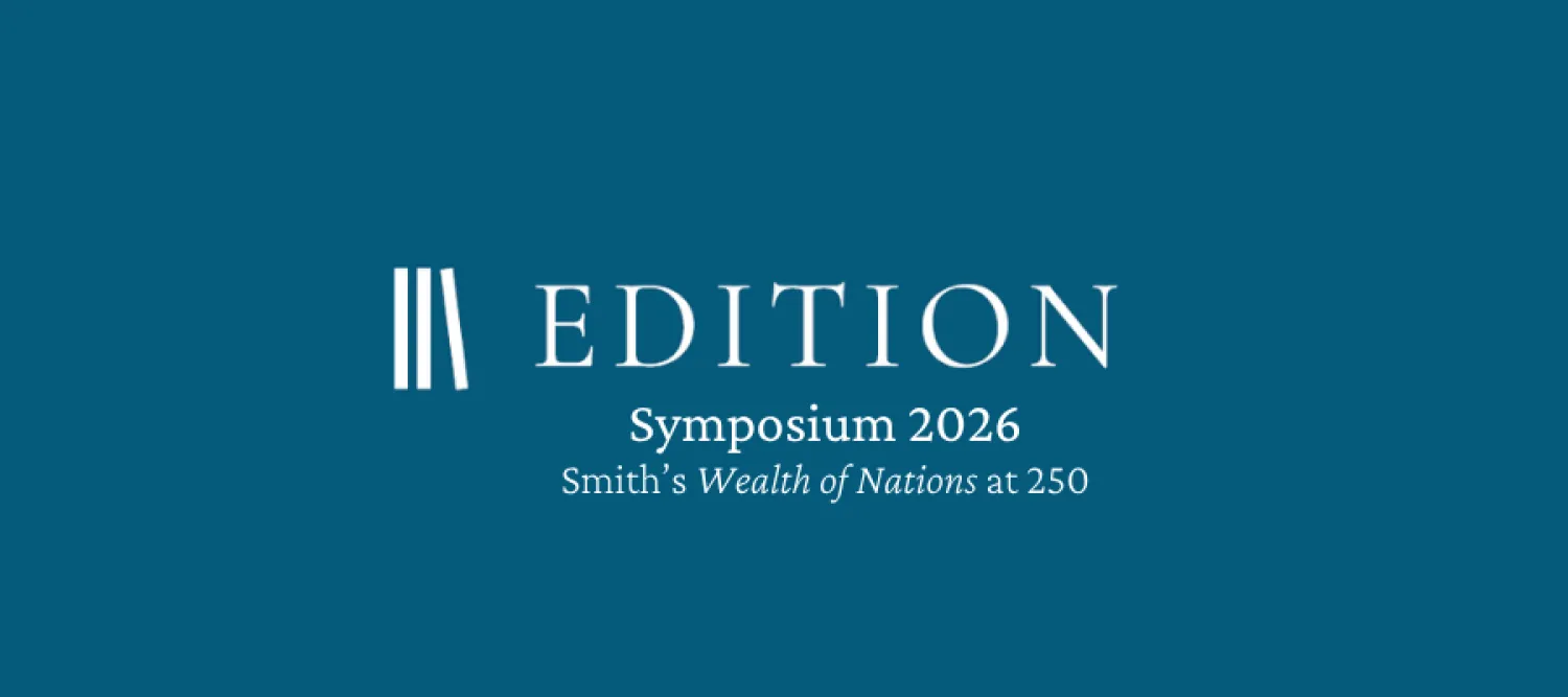 a blue background; overlaid, a logo evoking books resting against each other, and "Edition symposium 2026/Smith's Wealth of Nations at 250"