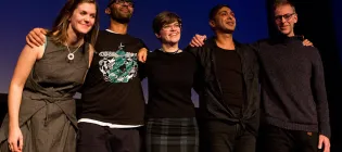 Shona Thomson (middle) with 'Launch!...' soundtrack composers (l-r) Jenny Sturgeon, Jason Singh, Arun Ghosh and John Ellis. Image © Eoin Carey Photography.