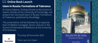 Poster for the event 'islam in Russia: Formations of Toleranc The right side of the poster features the front cover of the book, which features a photograph of a mosque and its minaret. The background of th poster includes different mosaics and tiles.  