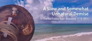 a blue sea background with a rum barrel and bottle overlaid. Event title is overlaid on opposing side