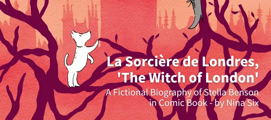 a painted background, with gnarled branches twisting across a cityscape. A small white dog is perched on a branch. Event title overlaid