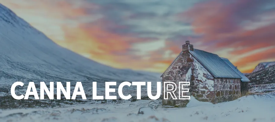 a snow-covered bothy on a hillside as the sun is setting with event title overlaid