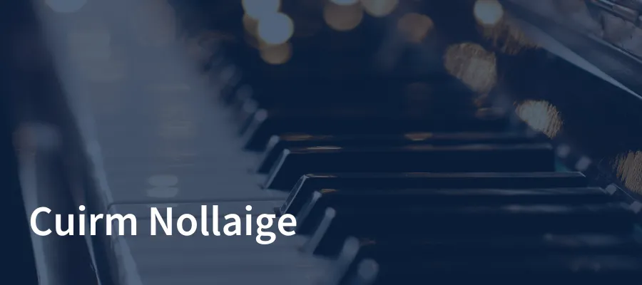 a close-up image of a piano with reflections of festive lights on its surface, with event title overlaid