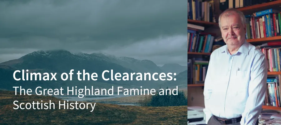 A man smiling in front of wall-to-wall bookcases with a rugged landscape as graphic's background