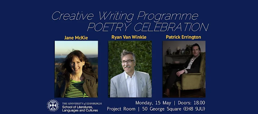 Informative banner with three images: a woman outside, a man in front of a hedge, and a man sitting in an armchair