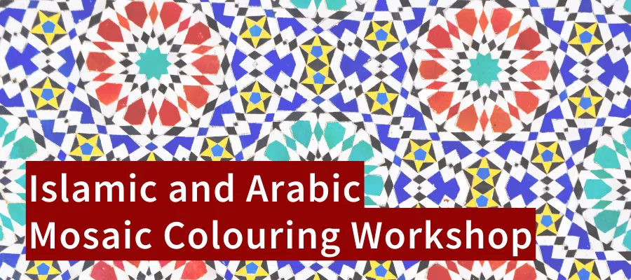 A colourful mosaic pattern with the event title overlaid