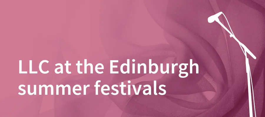 A soft red fabric background with event text and image of a microphone overlaid