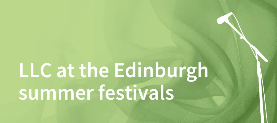 A soft green fabric background with event text and image of a microphone overlaid