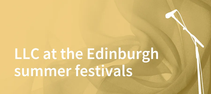 A soft yellow fabric background with event text and image of a microphone overlaid