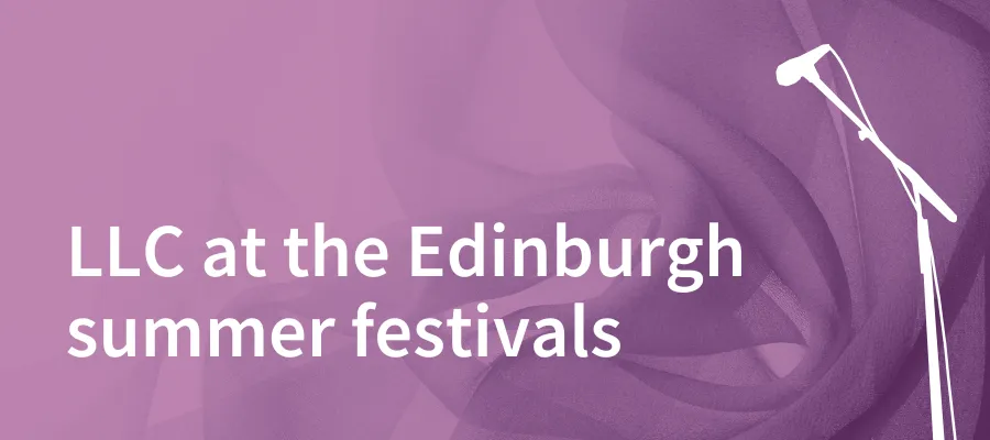 A soft purple fabric background with event text and image of a microphone overlaid