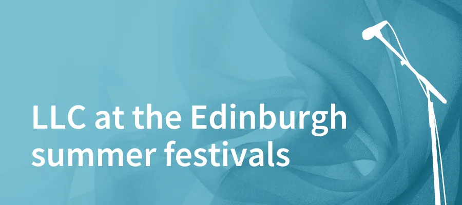 A soft blue fabric background with event text and image of a microphone overlaid