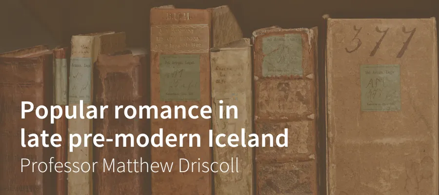 A close-up image of the spines of old books on a bookshelf with event title overlaid