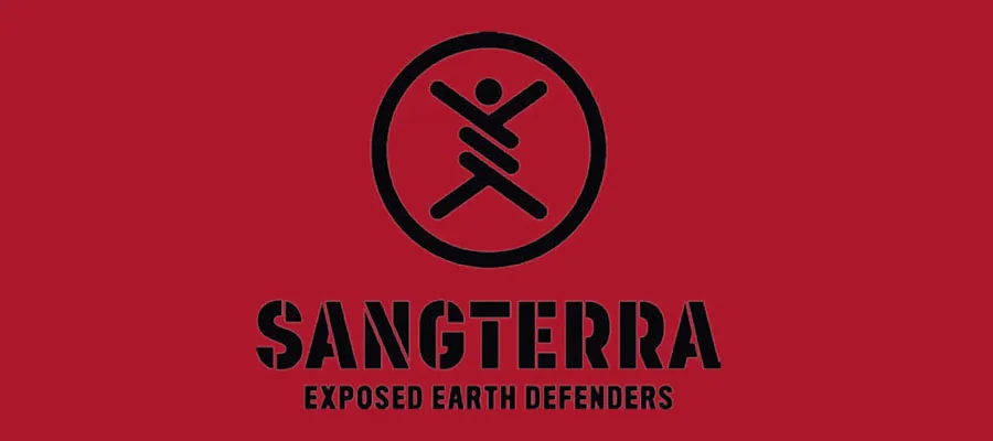 the word sangterra in black on a red background