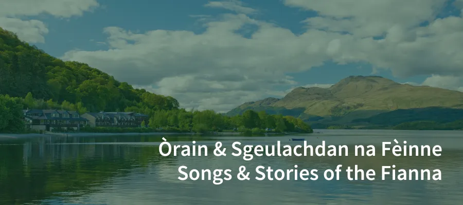 a loch on a sunny day with event title overlaid in English and Gaelic