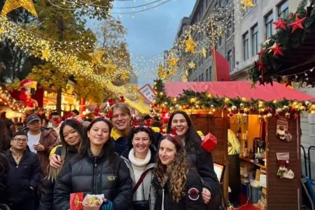 Group of students at a Christmas market