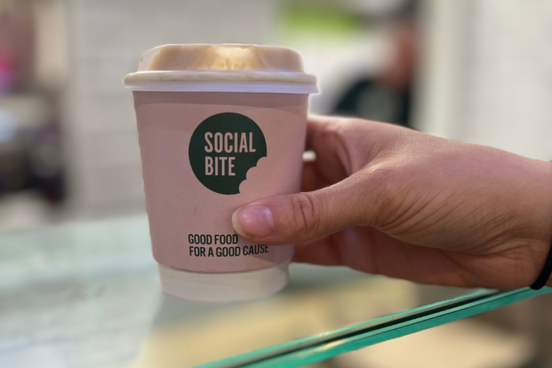 "Coffee cup with illustration at Social Bite in Edinburgh "