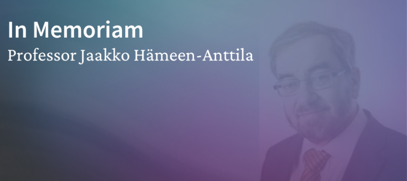 Photo of Jaakko Hämeen-Anttila with text saying in memoriam