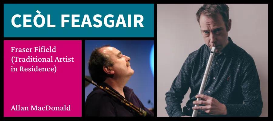 a series of blocks, one with an image of Fraser playing the pipe, one with Allan and his pipes, and two others with event title and performer info inside