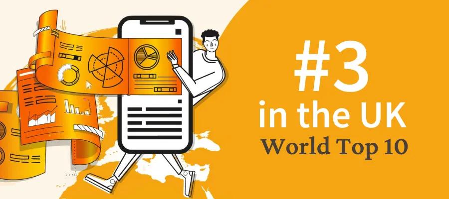Graphic of a person holding a phone with the words #3 in the UK World Top 10 written alongside