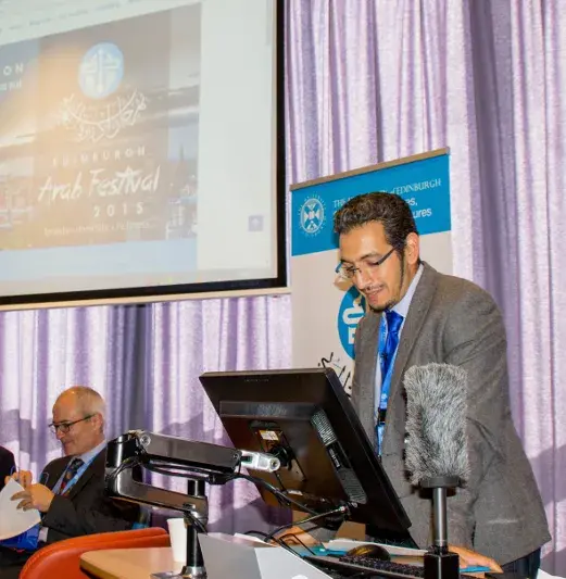 Mourad Diouri speaking at the Edinburgh Arab Festival