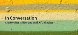 a painted background of yellow, silver, white, blue and green stripes with event title overlaid