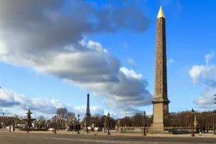 A view of the Eiffel Tower and Luxor Obelisk from Place de la Concorde in Paris
