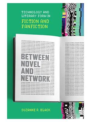 Photo of the cover of a book. It shows another book open to show text which reads between network and fiction