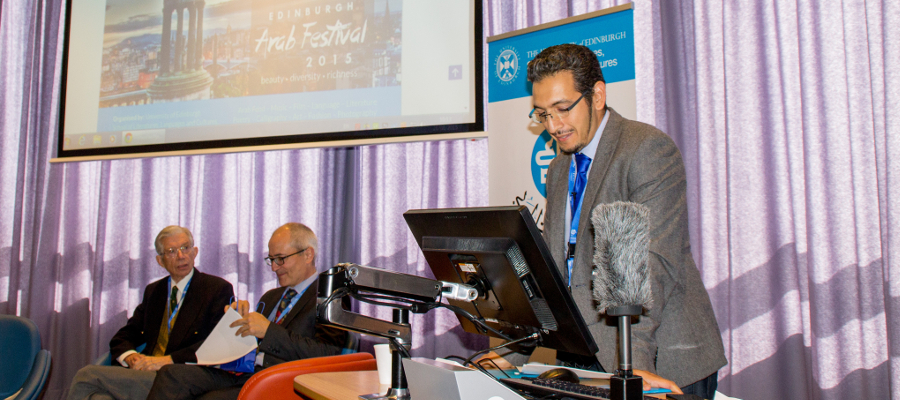 Mourad Diouri speaking at the Edinburgh Arab Festival