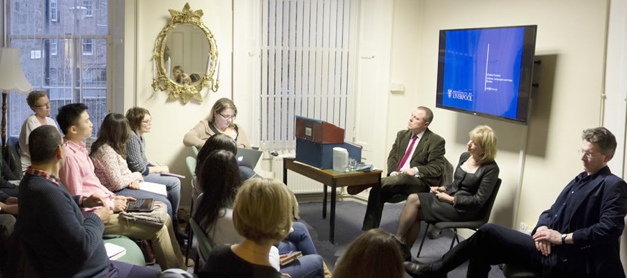 Group of people at an event in the Diasporic Trajectories Seminar Series