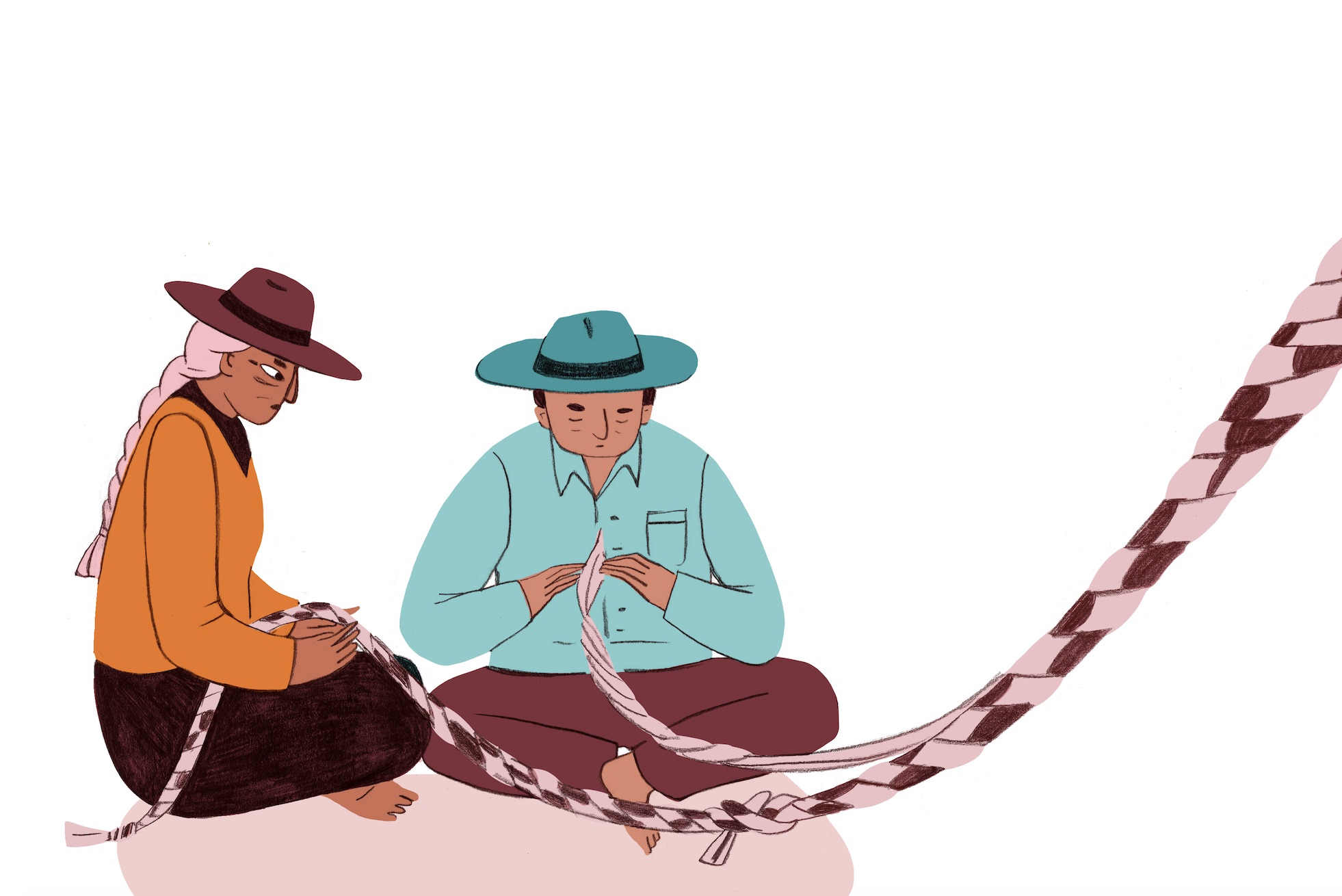 artwork showing two elderly khipu experts creating a funerary khipu