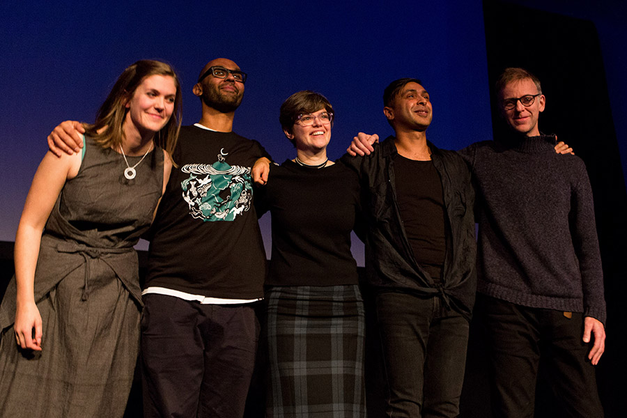 Photo of Shona Thomson with composers after a performance